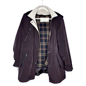 Liz Claiborne Womens Chocolate Brown Plaid Jacket Outerwear Wool Blend Cinched L